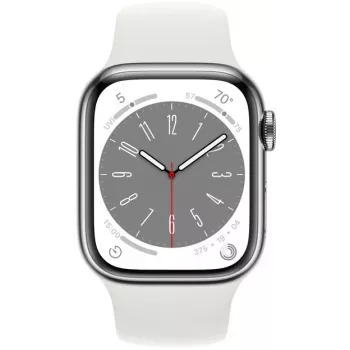 Apple Watch Series 8 GPS + Cellular 41mm nerūsējošā tērauda korpuss ar sporta siksniņu, sudraba/balta (MNJ53EL/A)