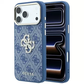 GUESS 4G & Big Strass Logo cietais vāciņš iPhone 18 Pro / 17 Pro - zils