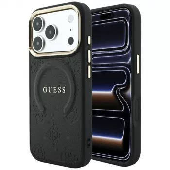Guess Saffiano Peony & Ring MagSafe maciņš iPhone 18 Pro Max / 17 Pro Max - Melns