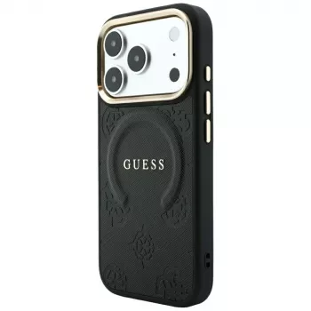 Guess Saffiano Peony & Ring MagSafe maciņš iPhone 18 Pro Max / 17 Pro Max - Melns