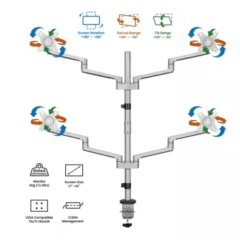 Logilink Quad Monitor Mount, 17-32 collu, alumīnijs, sudrabs
