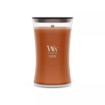WoodWick Saffron Smoke Liela smilšu pulksteņa formas svece burkā 609.5g