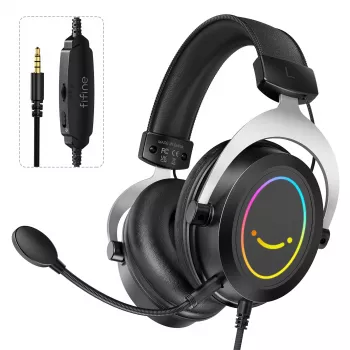 FIFINE H3 AmpliGame RGB vadu austiņas spēlēm ar noņemamu mikrofonu, 50 mm draiveri, USB-A, melnas