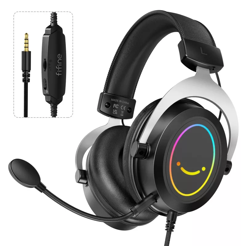 FIFINE H3 AmpliGame RGB vadu austiņas spēlēm ar noņemamu mikrofonu, 50 mm draiveri, USB-A, melnas