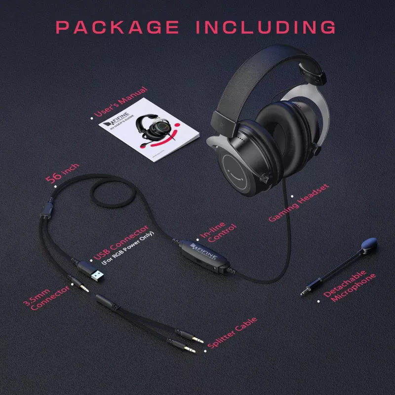 FIFINE H3 AmpliGame RGB vadu austiņas spēlēm ar noņemamu mikrofonu, 50 mm draiveri, USB-A, melnas