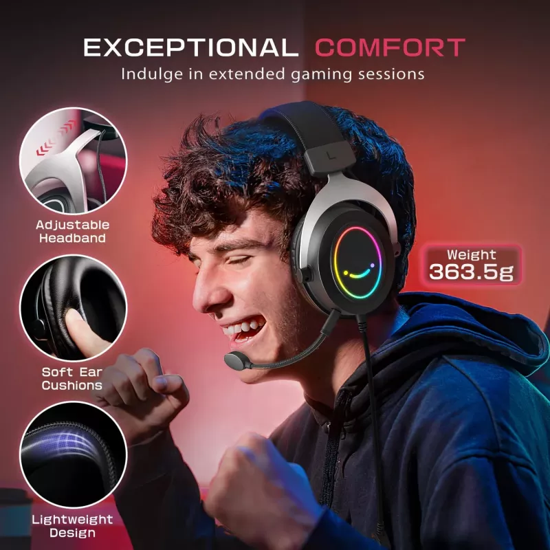 FIFINE H3 AmpliGame RGB vadu austiņas spēlēm ar noņemamu mikrofonu, 50 mm draiveri, USB-A, melnas
