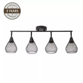 Bistro 4 gaismu matēti melni E14 griestu prožektors, 40W max vienai spuldzei, 220-240V, regulējams, ar regulējamiem virziena galviņām, industriāls vintage stils