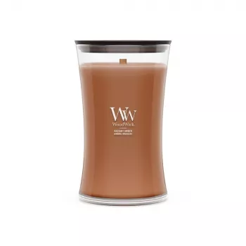 WoodWick Radiant Amber 609.5g Smaržīga svece ar koka dakts, līdz 180 stundām degšanas laika, smilšu pulksteņa stikla trauks