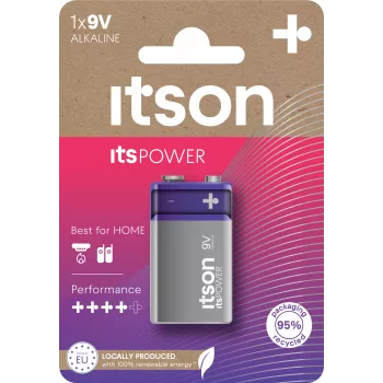 ITSON 6LR61IPO/1CP Sārma 9V baterija (6LR61, PP3, 1 iepakojums) – bez dzīvsudraba, 5 gadu glabāšanas laiks