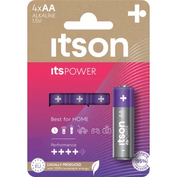 ITSON LR6IPO/4CP sārma AA baterijas, 4 iepakojums, 1,5V, ilgs glabāšanas laiks