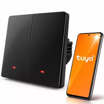 Qoltec 52708 viedais Wi-Fi 2 kanālu gaismas slēdzis ar taimeri, Tuya Smart Life, melns
