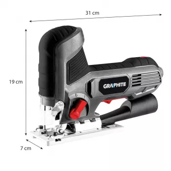 Graphite 58G078 800W mainīga ātruma svārsta finierzāģis ar lāzera vadotni un LED apgaismojumu, 80mm koka griešanas dziļums, T-kāta ātrā maiņa, slīpā griešana 45°, alumīnija pamatne, 3m kabelis