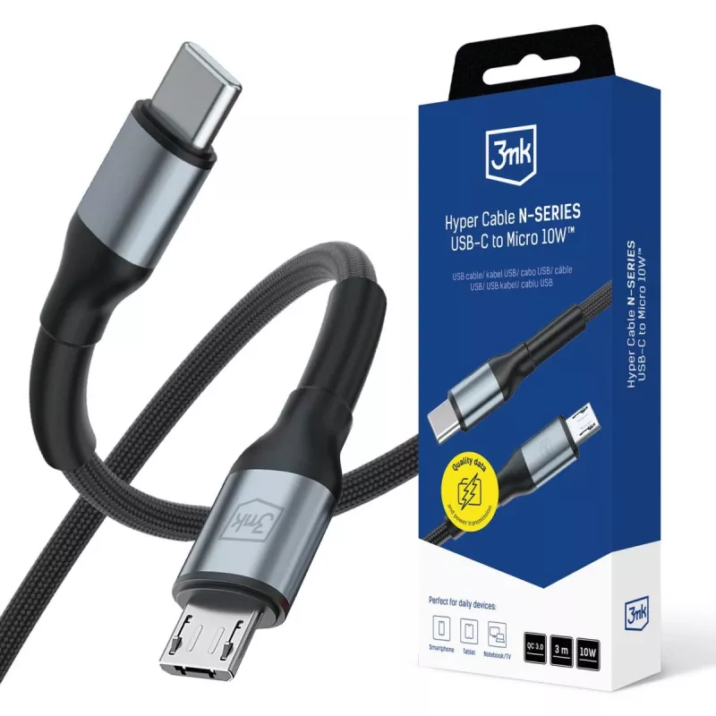 3mk Hyper Cable N-SERIES USB-C uz Micro USB 3m QC 3.0 10W Melns