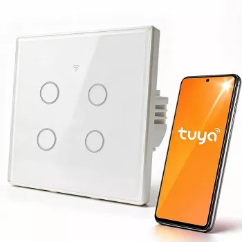 Qoltec 52718 viedais 4 kanālu Wi-Fi gaismas slēdzis ar taimeri, Tuya/Smart Life, rūdīts stikls, balts