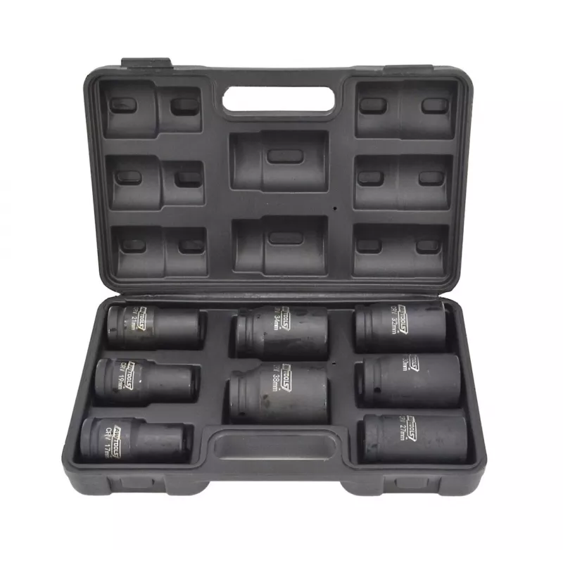 AWTOOLS AW38855 3/4 collu dziļo triecienuzgriežņu komplekts, 8 gab. metriskais, 24-41mm, Cr-Mo, 6 punktu, garš, melnais fosfāts, DIN 3121, plastmasas futrālī