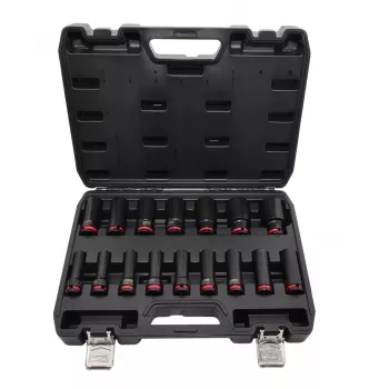 AWTOOLS 16 daļu 1/2 collas piedziņas garo triecienuzgriežņu atslēgu komplekts, 10-32 mm, Cr-Mo, melnais fosfāts, ar maciņu - Black Line