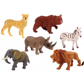 LEAN TOYS 6 savvaļas dzīvnieku figūriņu komplekts, zilonis, lauva, degunradzis, tīģeris, zebra, žirafe