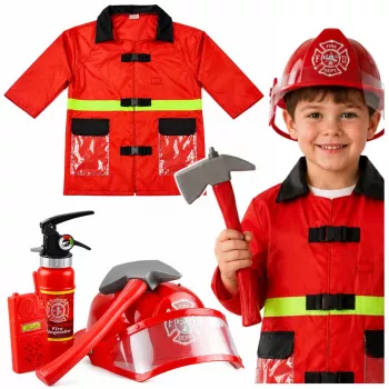 LEAN TOYS 158 Ugunsdzēsēja kostīmu komplekts ar ķiveri, ugunsdzēšamo aparātu un lauzni – sarkans, viens izmērs, vecumam 3-8 gadi