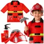LEAN TOYS 158 Ugunsdzēsēja kostīmu komplekts ar ķiveri, ugunsdzēšamo aparātu un lauzni – sarkans, viens izmērs, vecumam 3-8 gadi