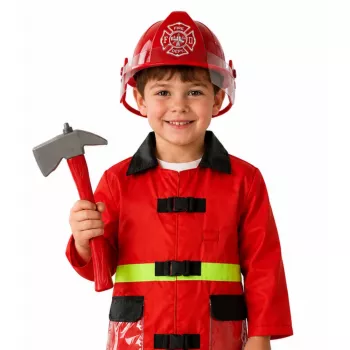 LEAN TOYS 158 Ugunsdzēsēja kostīmu komplekts ar ķiveri, ugunsdzēšamo aparātu un lauzni – sarkans, viens izmērs, vecumam 3-8 gadi