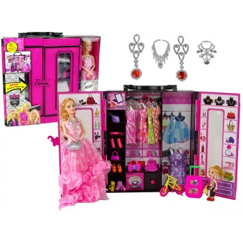 LEAN TOYS Leļļu drēbju skapis un ģērbtuve ar skaistumkopšanas čemodānu