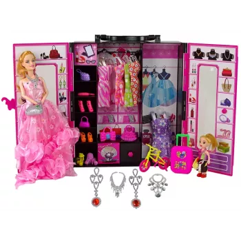 LEAN TOYS Leļļu drēbju skapis un ģērbtuve ar skaistumkopšanas čemodānu