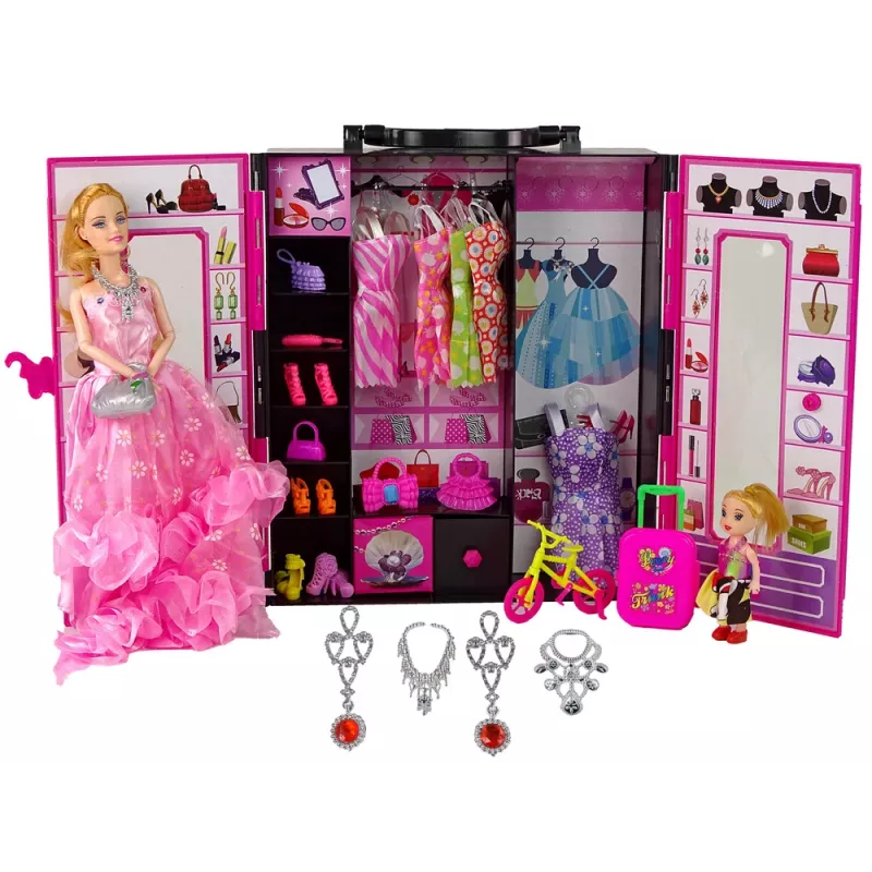 LEAN TOYS Leļļu drēbju skapis un ģērbtuve ar skaistumkopšanas čemodānu
