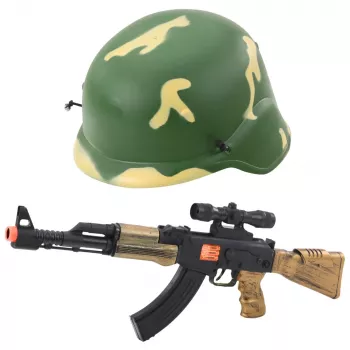 LEAN TOYS Militārais komplekts - rotaļu šautene ar skaņu, ķivere, nazis, granāta, binoklis, pulkstenis, svilpe, suņa žetons un gumijas lente bērniem no 3 gadiem