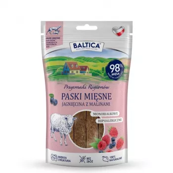 BALTICA Meat Strips ar jēra gaļu un avenēm – bezgraudu suņu kārums – 90 g