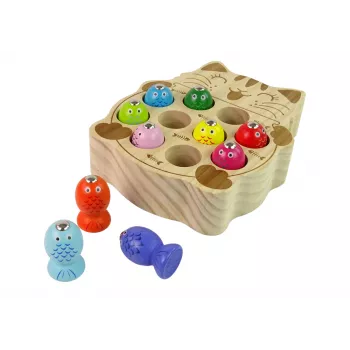 LEAN TOYS Koka zivju ķeršanas spēle ar 2 makšķerēm un kaķēnu