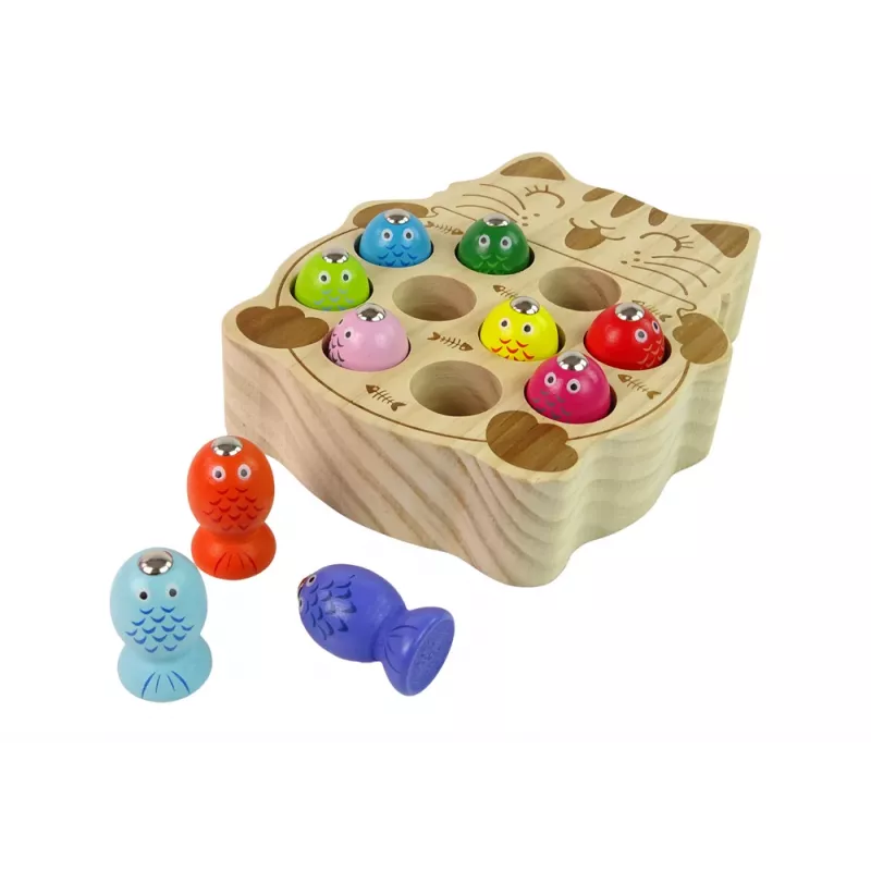 LEAN TOYS Koka zivju ķeršanas spēle ar 2 makšķerēm un kaķēnu