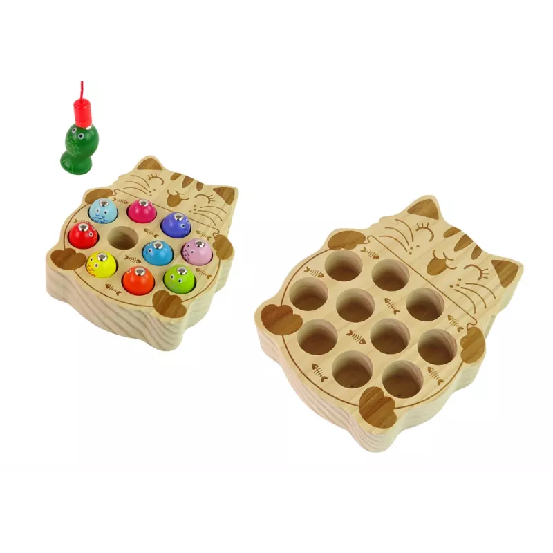 LEAN TOYS Koka zivju ķeršanas spēle ar 2 makšķerēm un kaķēnu