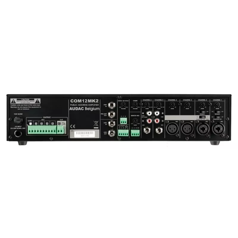 AUDAC COM12MK2 120W PA miksera pastiprinātājs ar 100V/70V/4Ω izejām, 2 mikrofona/3 līnijas ieejām, prioritāti un fantoma barošanu, 2U statīva stiprinājums, melns