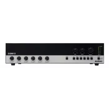 AUDAC COM12MK2 120W PA miksera pastiprinātājs ar 100V/70V/4Ω izejām, 2 mikrofona/3 līnijas ieejām, prioritāti un fantoma barošanu, 2U statīva stiprinājums, melns