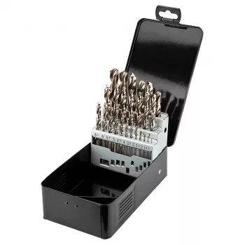 NEO TOOLS 25 gab. HSS-Co kobalta metāla urbjmašīnu komplekts, 1,0–13,0 mm, pilnībā slīpēts, 135° šķeltā smaile, DIN 338, metāla kastē