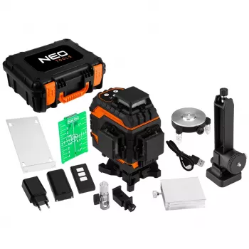 NEO TOOLS 75-140 3D lāzera līmenis, 12 zaļas līnijas, 3 x 360°, uzlādējams, ar transportēšanas futrāli, mērķa plāksni, magnētisko turētāju, lādētāju