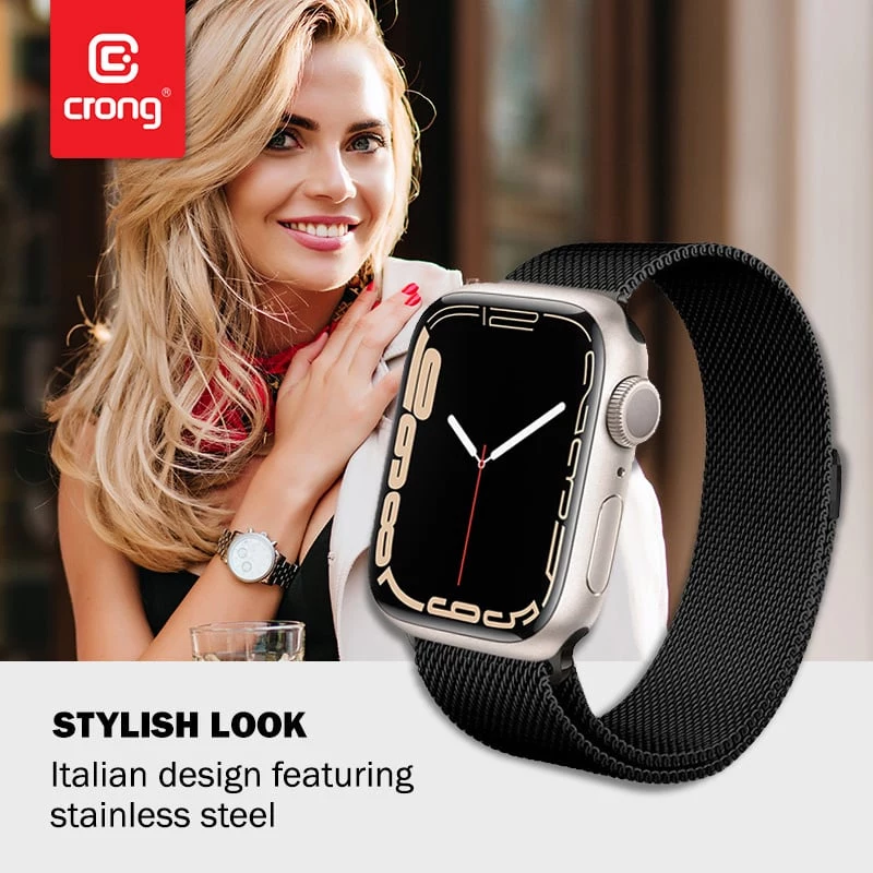 Crong Milano Steel - Nerūsējošā tērauda siksniņa Apple Watch 44/45/46/49 mm (Melna)