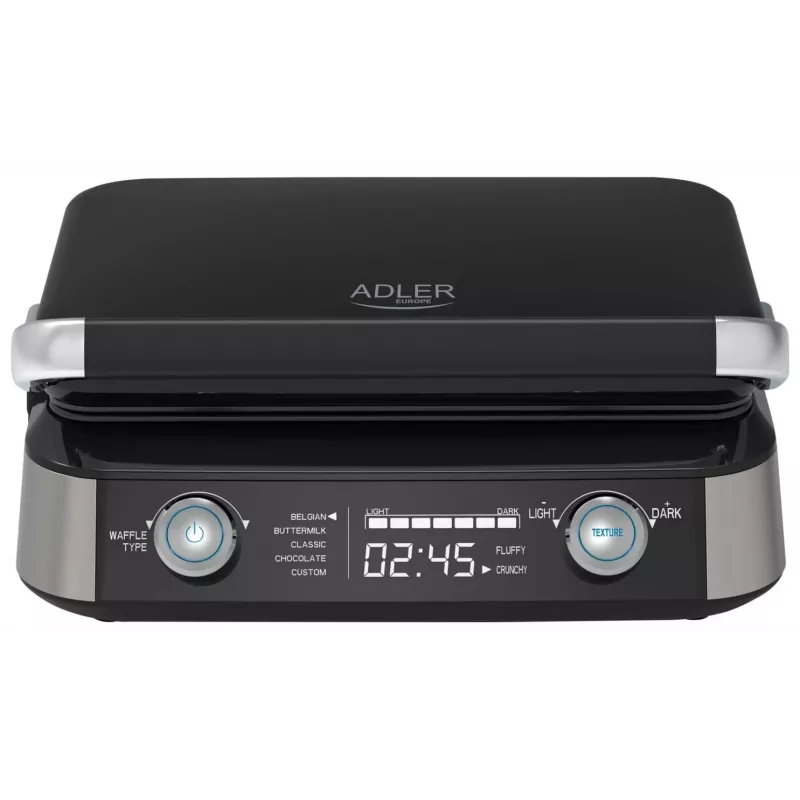 Adler AD 3084 vafeļu panna ar LED displeju, 5 programmas, 7 apbrūnināšanas līmeņi, 1600 W (maks. 2400 W), nepiedegošas plāksnes, melnā / sudraba krāsā