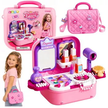 LEAN TOYS pārnēsājams 2-in-1 skaistumkopšanas komplekts ar maciņu, spoguli, kosmētiku un aksesuāriem, rozā