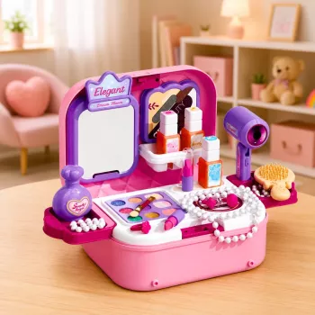 LEAN TOYS pārnēsājams 2-in-1 skaistumkopšanas komplekts ar maciņu, spoguli, kosmētiku un aksesuāriem, rozā