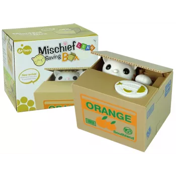LEAN TOYS Mischief Saving Box Cute Kitty Money Box Piggybank - balts kaķis ar brūnu kastīti