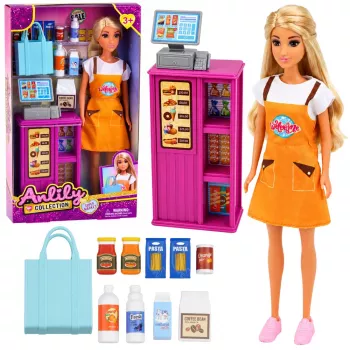 LEAN TOYS Anlily lelle kasieriere pārdevēja kases aparāts pārtikas preču rotaļu komplekts