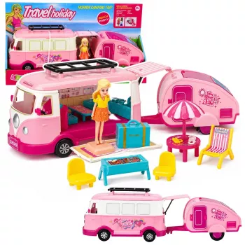 LEAN TOYS Ceļojumu komplekts Kempinga autobuss ar piekabi, leļļu mēbeles un aksesuāri, rozā