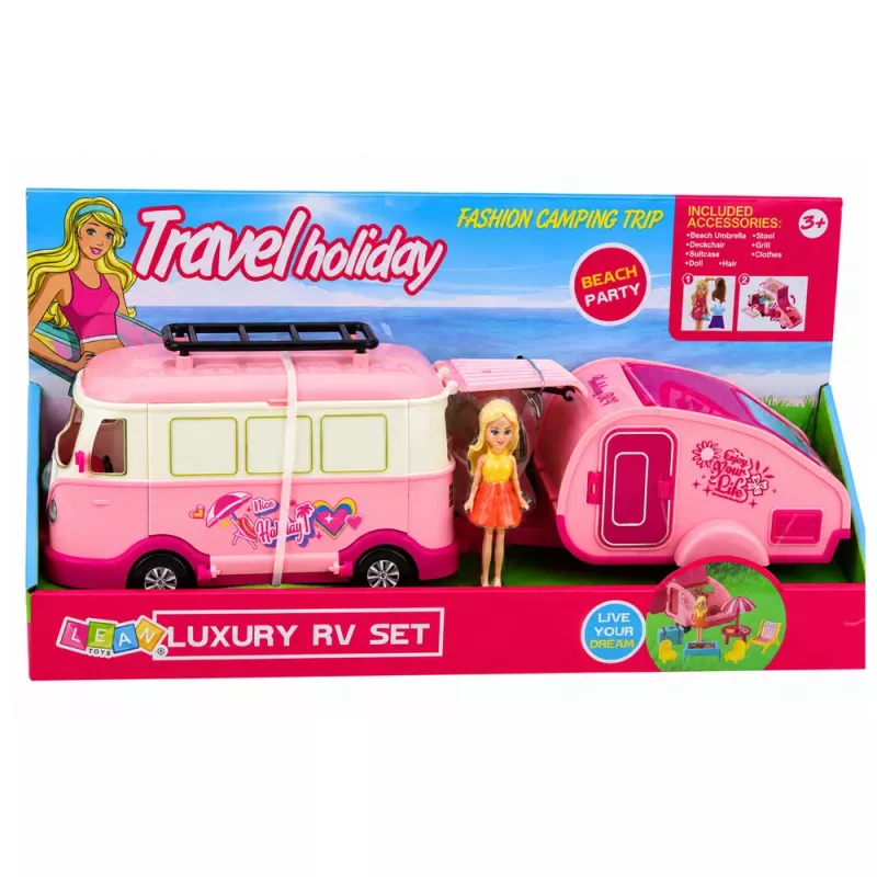 LEAN TOYS Ceļojumu komplekts Kempinga autobuss ar piekabi, leļļu mēbeles un aksesuāri, rozā