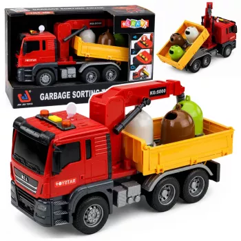 LEAN TOYS atkritumu mašīna ar celtni un šķirošanas konteineriem, gaismas un skaņas efekti, sarkana