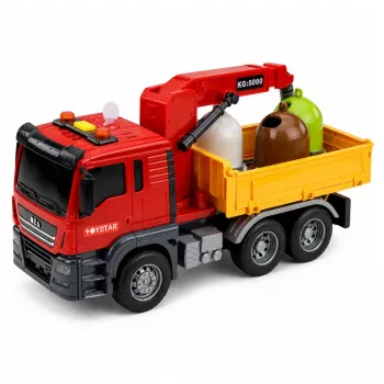 LEAN TOYS atkritumu mašīna ar celtni un šķirošanas konteineriem, gaismas un skaņas efekti, sarkana