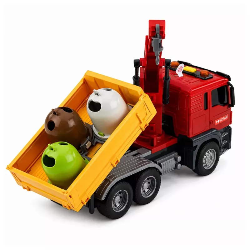 LEAN TOYS atkritumu mašīna ar celtni un šķirošanas konteineriem, gaismas un skaņas efekti, sarkana