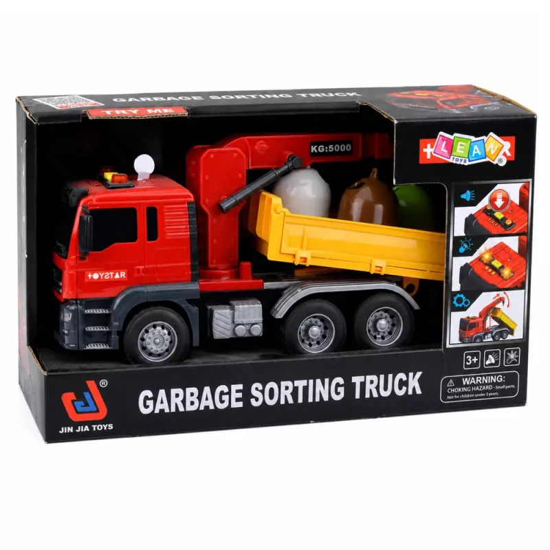 LEAN TOYS atkritumu mašīna ar celtni un šķirošanas konteineriem, gaismas un skaņas efekti, sarkana