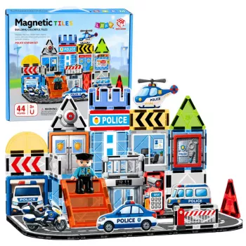 LEAN TOYS Magnētiskie konstruktora bloki Policijas bāze un transportlīdzekļi ar policistu, 44 gab.