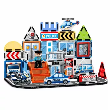 LEAN TOYS Magnētiskie konstruktora bloki Policijas bāze un transportlīdzekļi ar policistu, 44 gab.